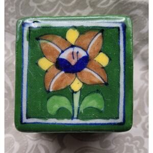Vintage Ceramic Talavera Green Floral Hand Painted Jewlery Trinket Box, Wedding